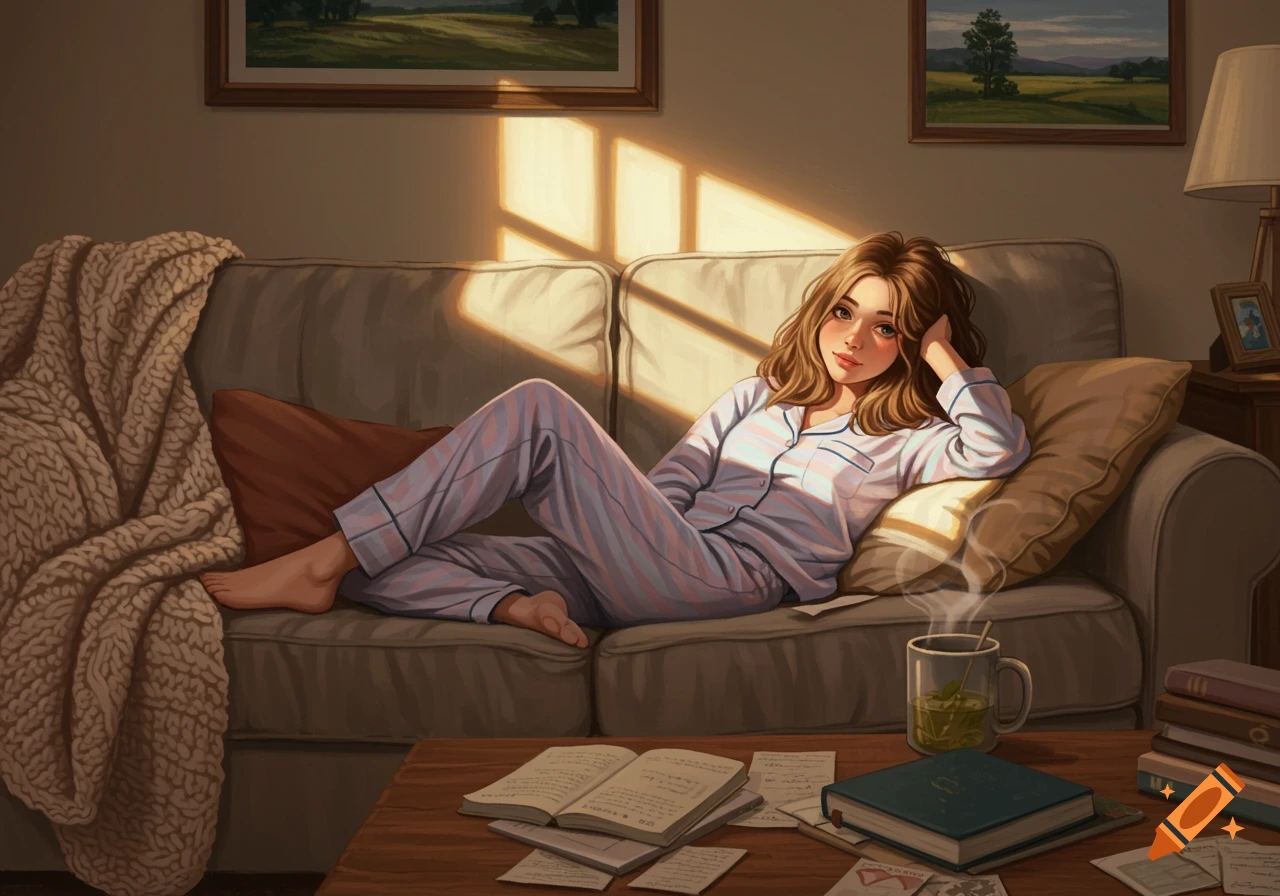 Digital illustration of a girl in pajamas relaxing on a sofa bathed in sunlight, with books and a steaming mug on a coffee table.