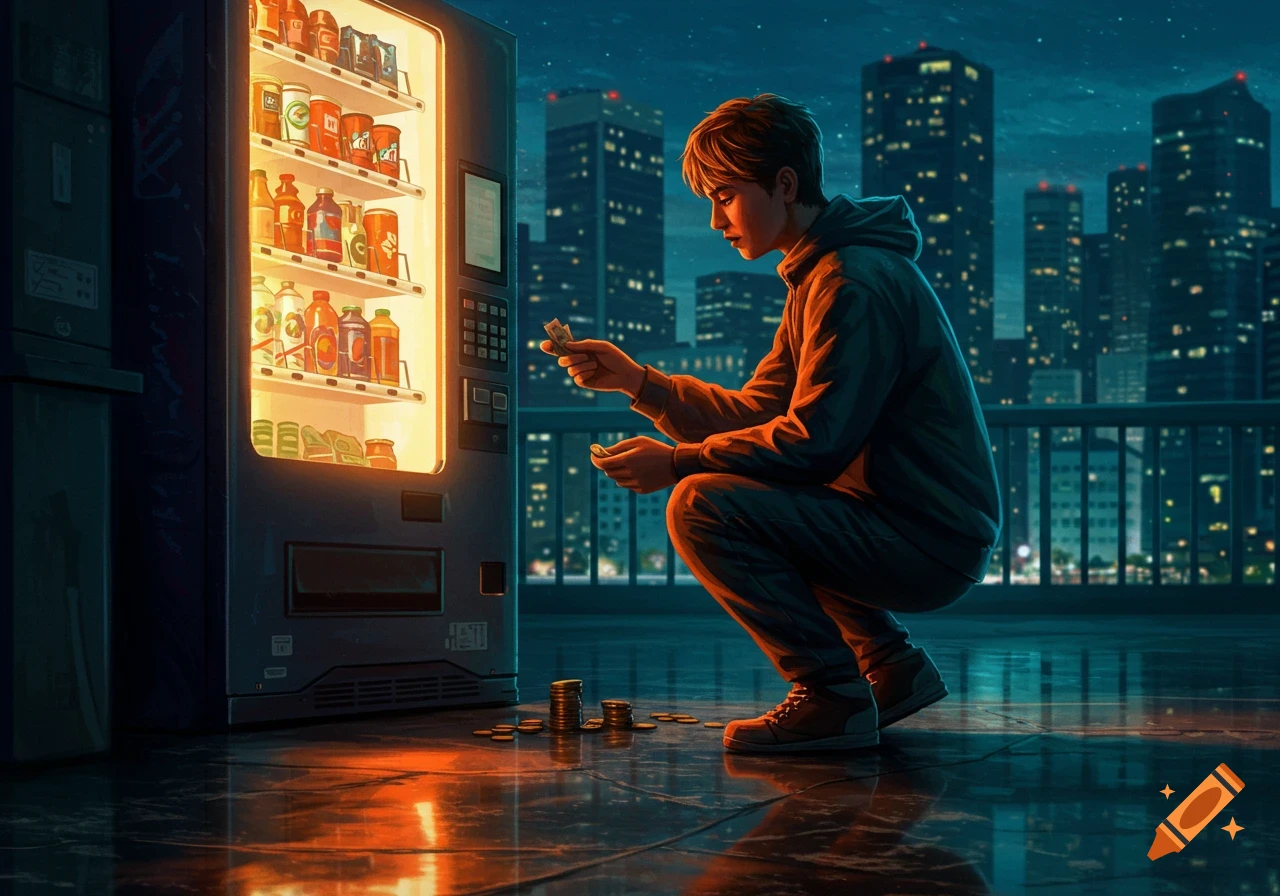 A young man crouches on a wet city rooftop at night, collecting coins from the ground next to a brightly lit vending machine, with city skyscrapers in the background.