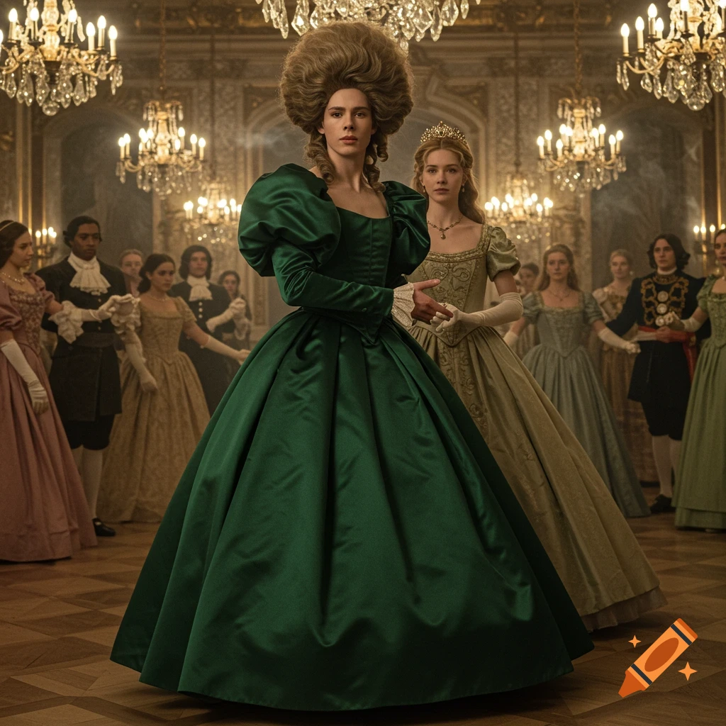 A person in a dark green satin ball gown and an elaborate wig stands prominently in a lavish ballroom with chandeliers and other guests.