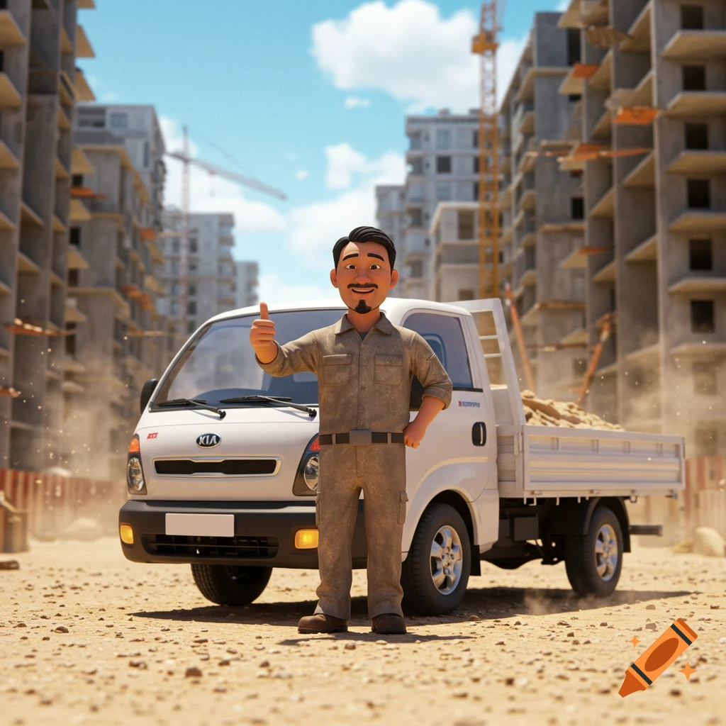 A smiling Asian man in a uniform gives a thumbs-up next to a white Kia Bongo truck at a sunny construction site, rendered in Pixar-style 3D animation.