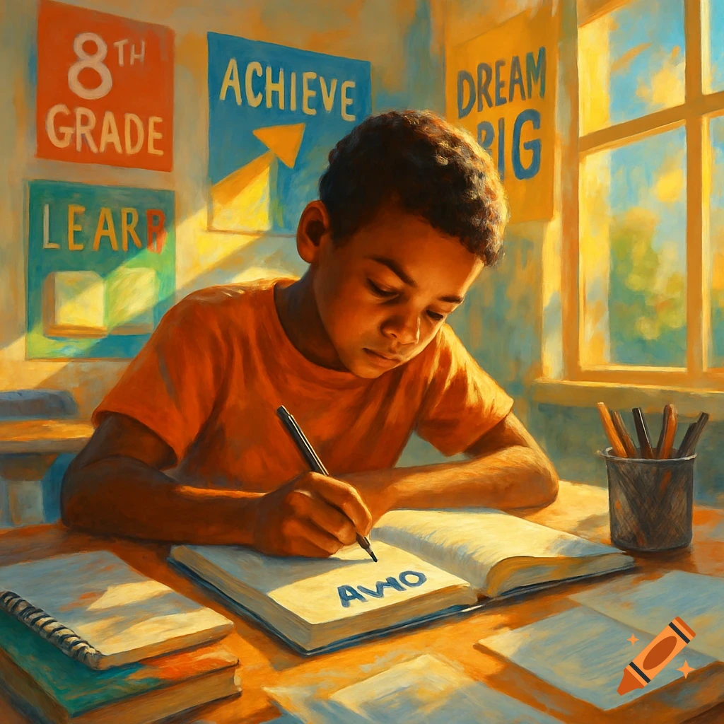 A young student, possibly an 8th grader, diligently writes in a notebook at a desk in a sunlit classroom, with motivational posters on the wall, in a painterly style.
