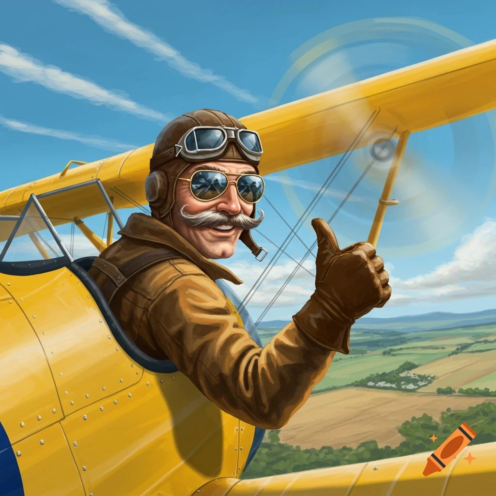 Illustration of an old American pilot with mustache and sunglasses giving thumbs up from a yellow biplane flying over a landscape.