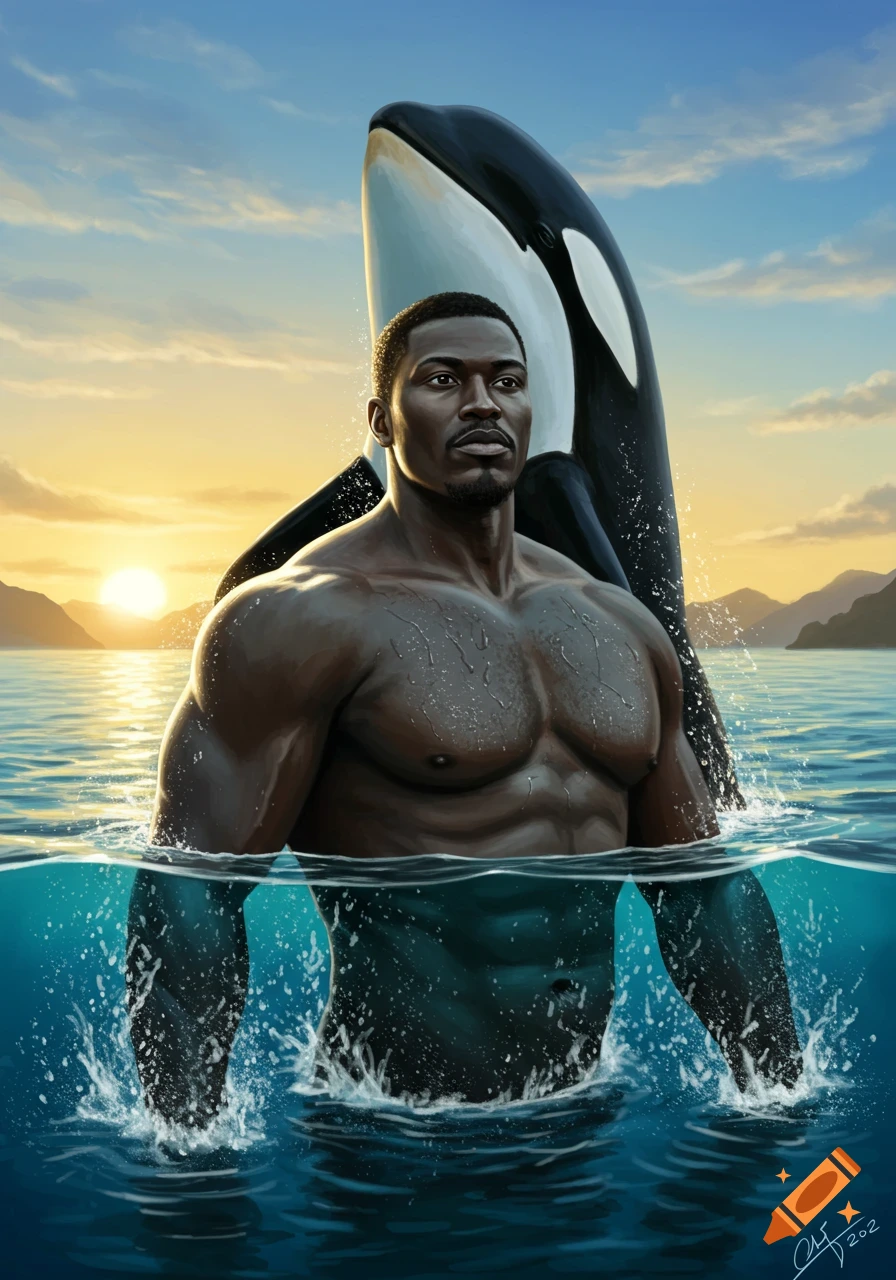 A muscular Black man emerges from the ocean at sunset with an orca rising behind him. Stylized digital art.