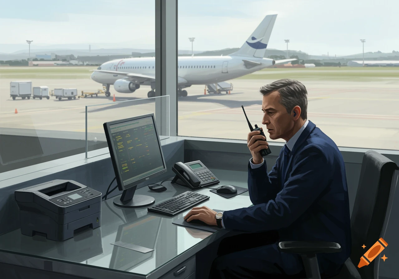 A man in a suit sits at a desk in an airport gate, holding a walkie-talkie, with an airplane visible through the window.
