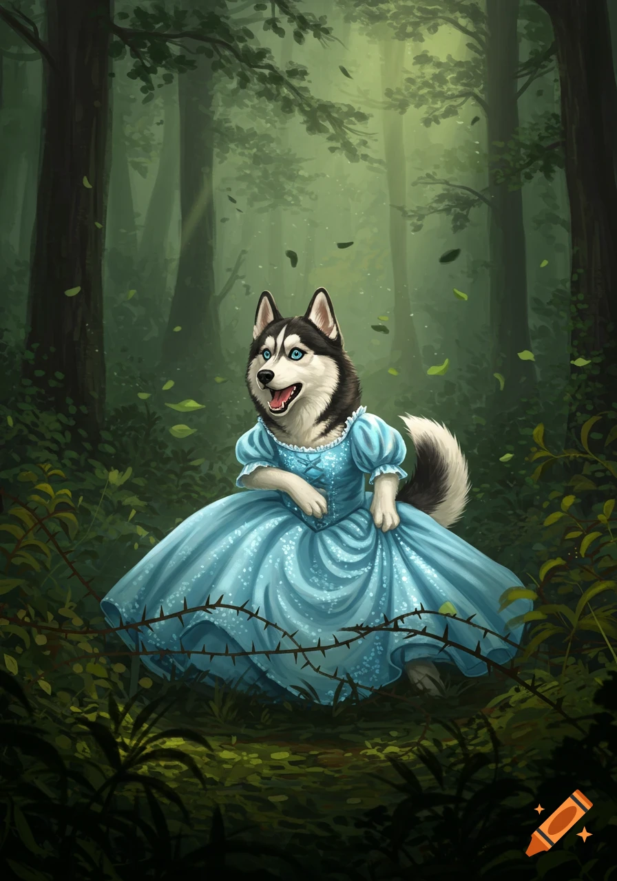 A black and white Siberian Husky in a light blue princess dress snags on thorny undergrowth in a shadowed forest, digital art.