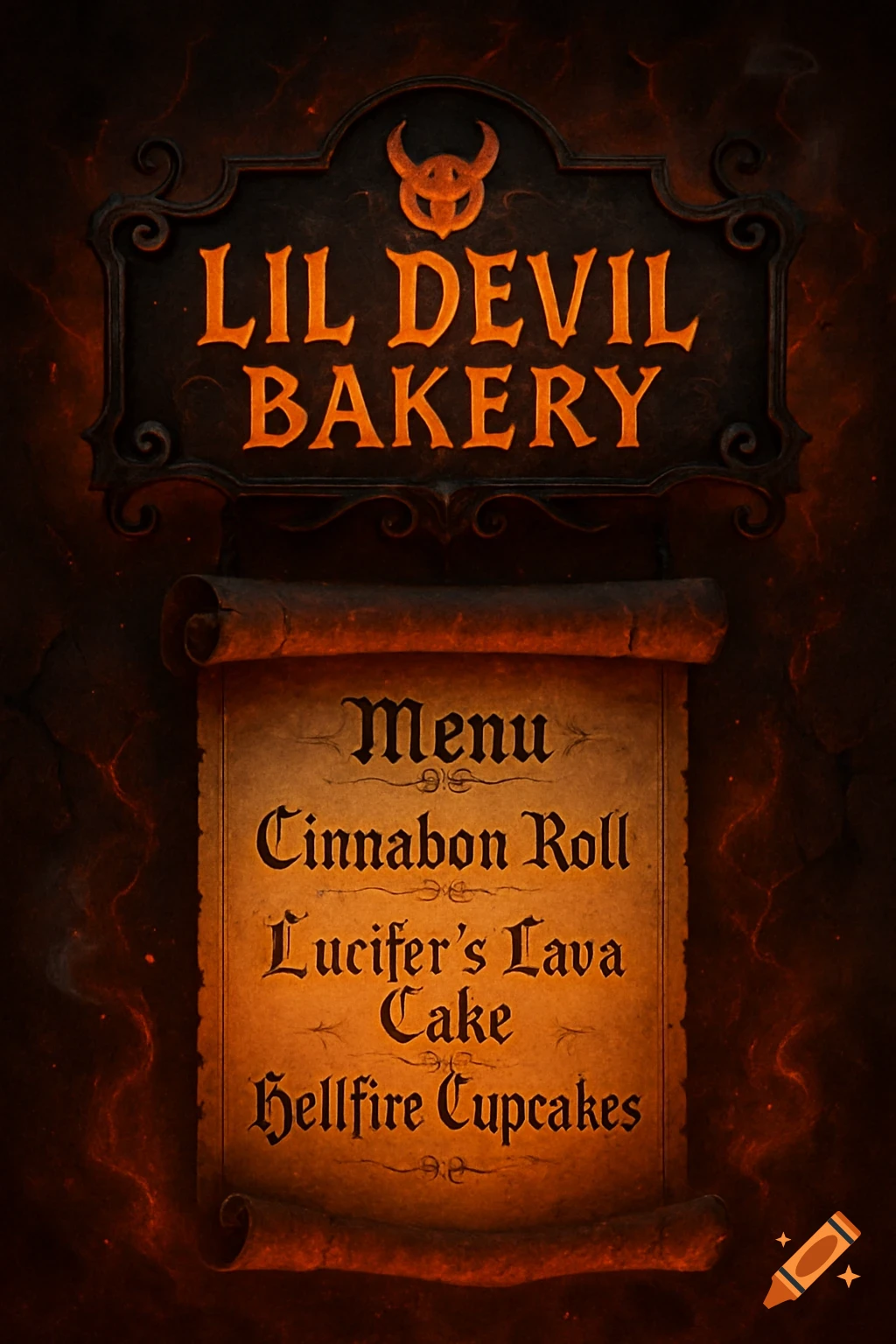 A vintage-styled sign for "Lil Devil Bakery" with a devil-horn emblem, above a parchment scroll menu listing "Menu", "Cinnabon Roll", "Lucifer's Lava Cake", and "Hellfire Cupcakes". The background is dark and fiery.