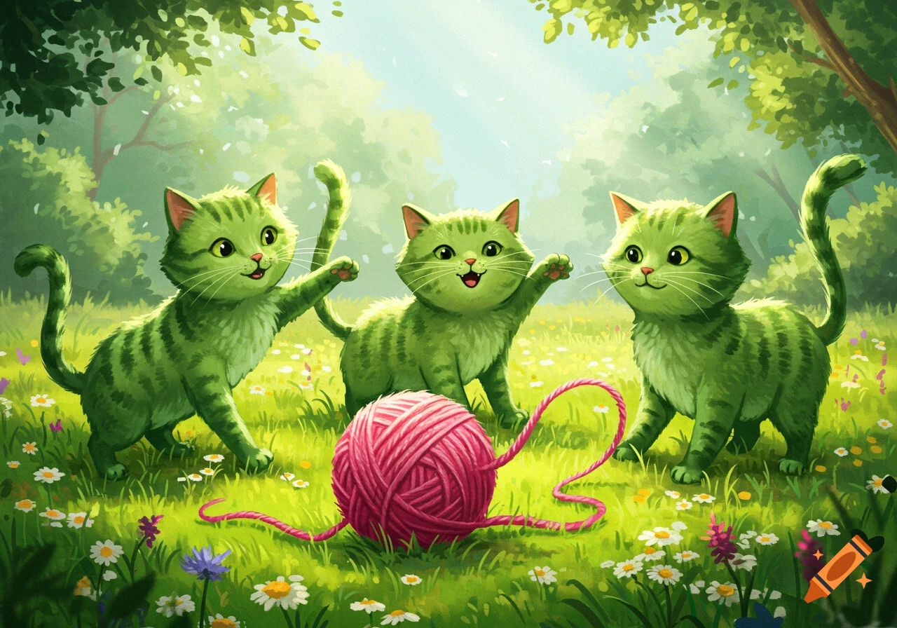 Three playful cartoon green cats batting at a pink yarn ball in a sunny field filled with white flowers.