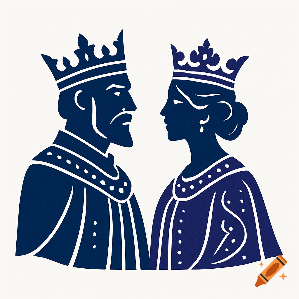 Stylized blue silhouettes of a king and queen facing each other, on a white background.