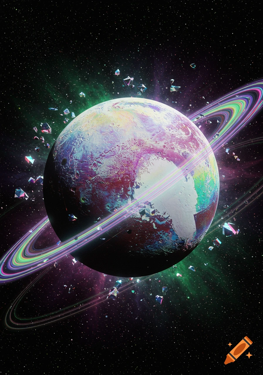 A vibrant, trippy planet with iridescent rings and crystal shards against a starry green and purple nebula.