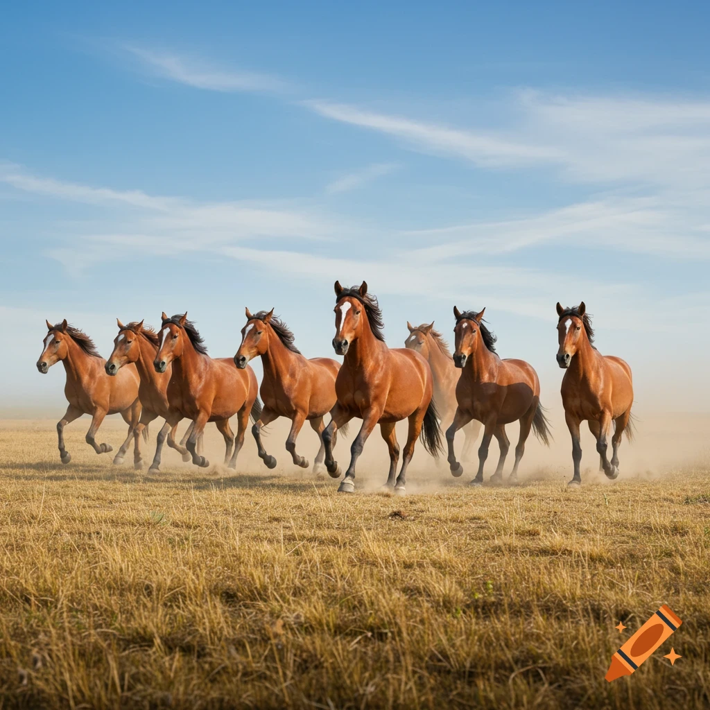 A herd of brown horses gallop across a dry grassy field, kicking up dust under a blue sky.