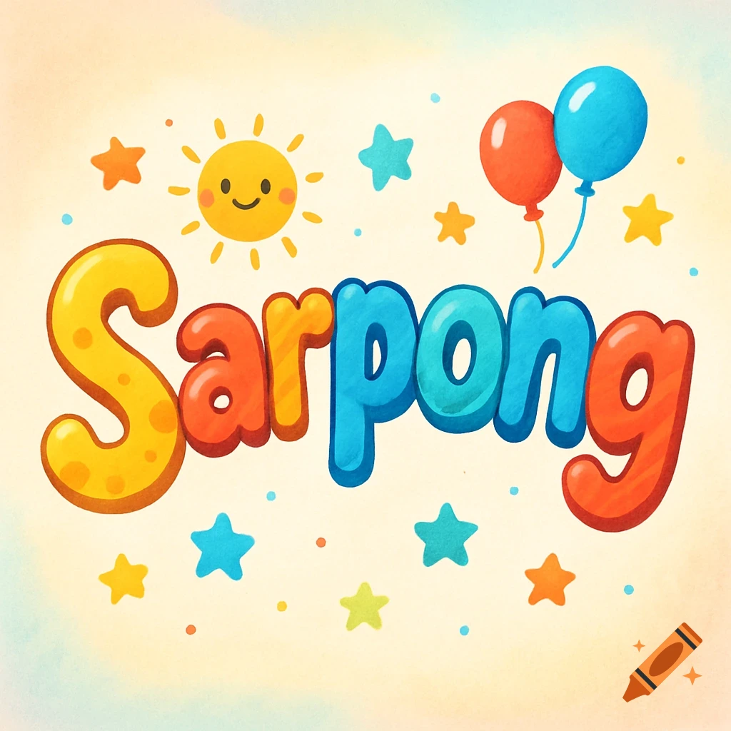 Colorful children's style logo for the word Sarpong with a happy sun, stars, and two balloons.