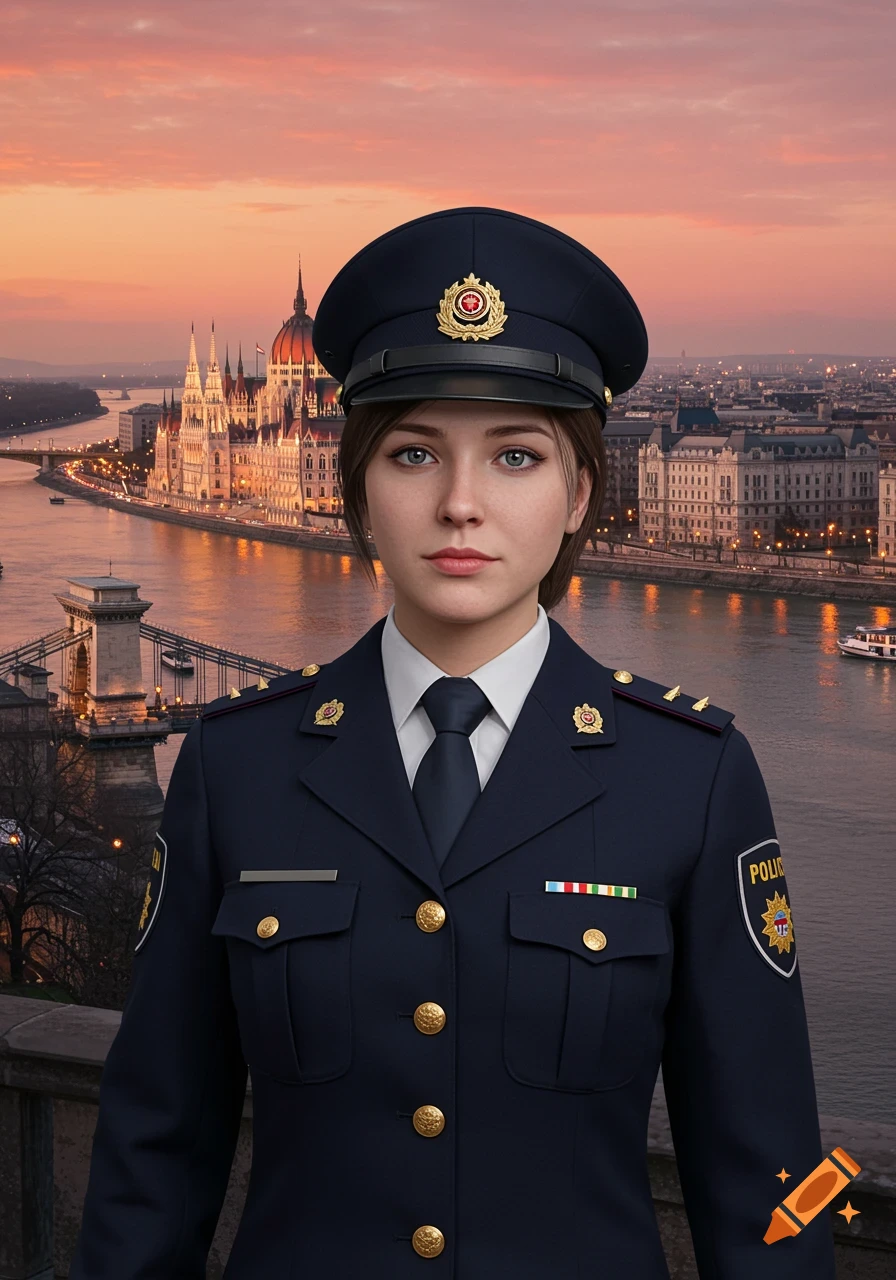 A realistic portrait of a young Hungarian female police officer in uniform, standing confidently against a Budapest cityscape with the illuminated Parliament building and Danube River at sunset.
