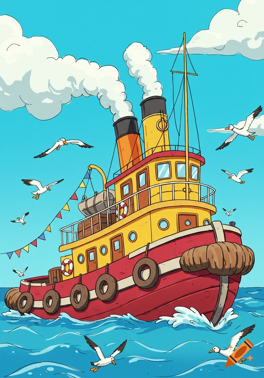 A vibrant cartoon drawing of a red and yellow tugboat sailing on a blue sea under a bright sky with seagulls flying around.