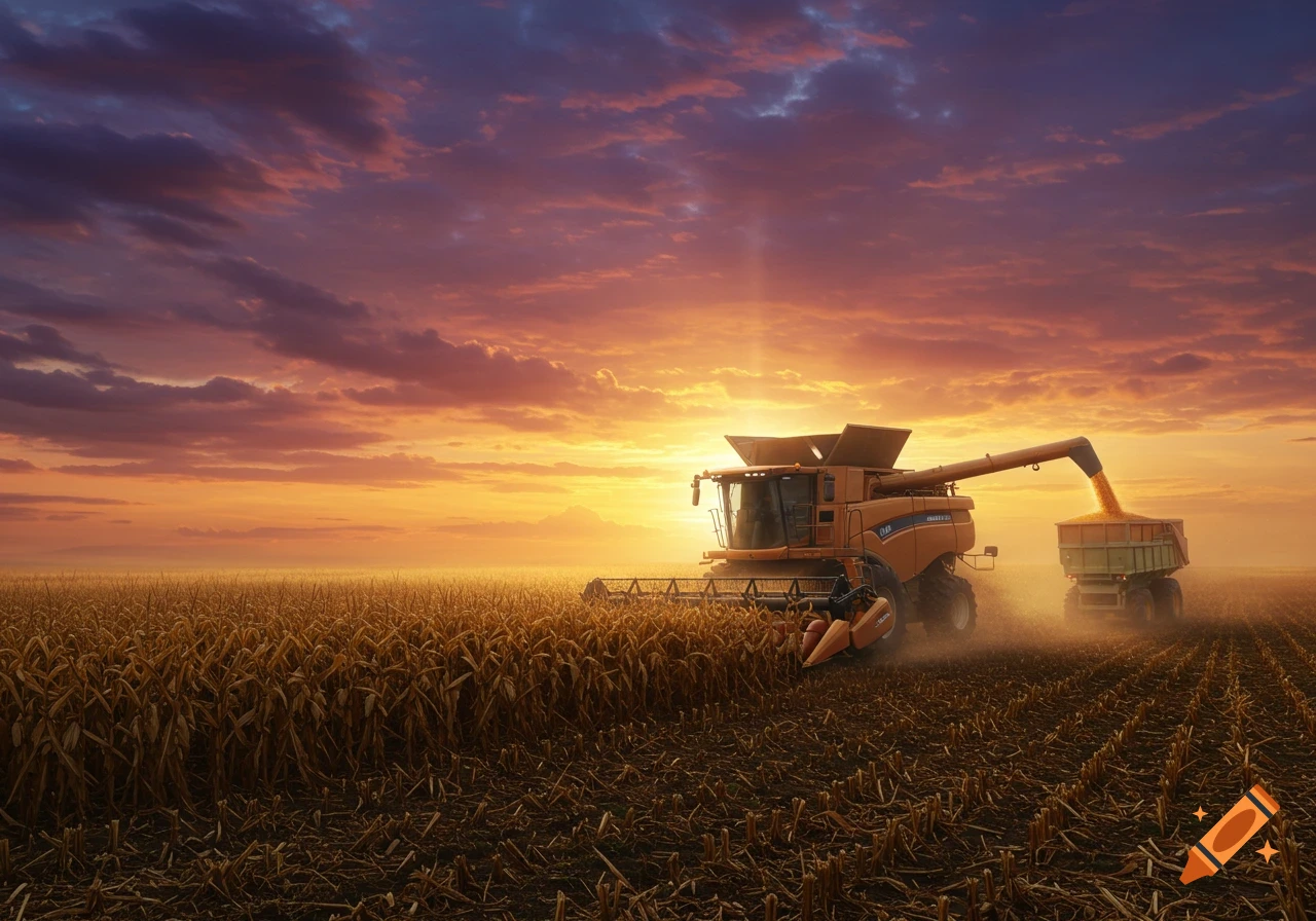 A combine harvester collects corn in a field at sunset, with golden light across the horizon.
