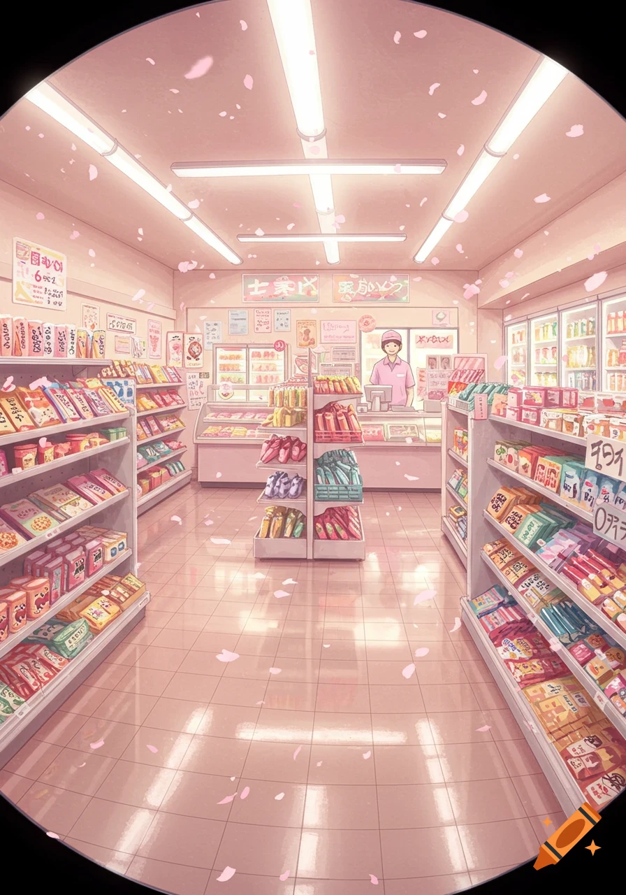 Pastel anime-style fisheye view of a Japanese convenience store interior, shelves stocked with items, a person at the counter, and cherry petals falling.