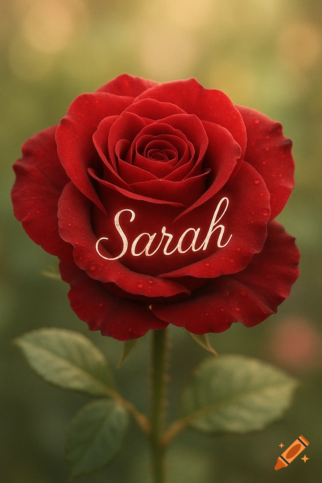 A close-up photorealistic image of a vibrant red rose with the name 'Sarah' written in white script across its petals.