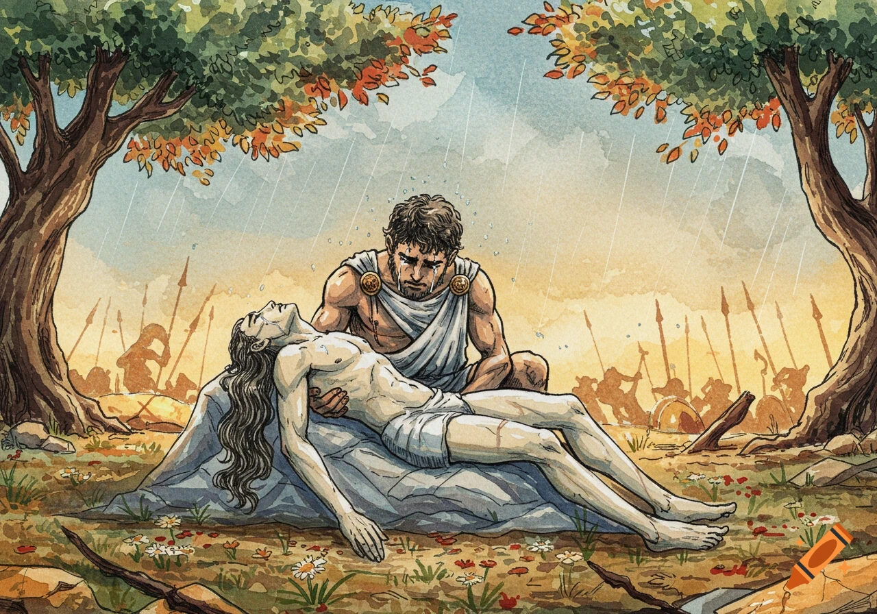 Pen and watercolor illustration of Achilles mourning Patroclus's death under a tree, with soldiers in the background.