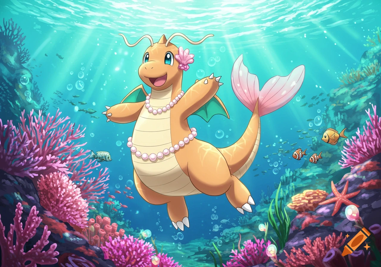 Anime-style Dragonite with a pink mermaid tail and pearl necklace smiles underwater among colorful coral and fish.