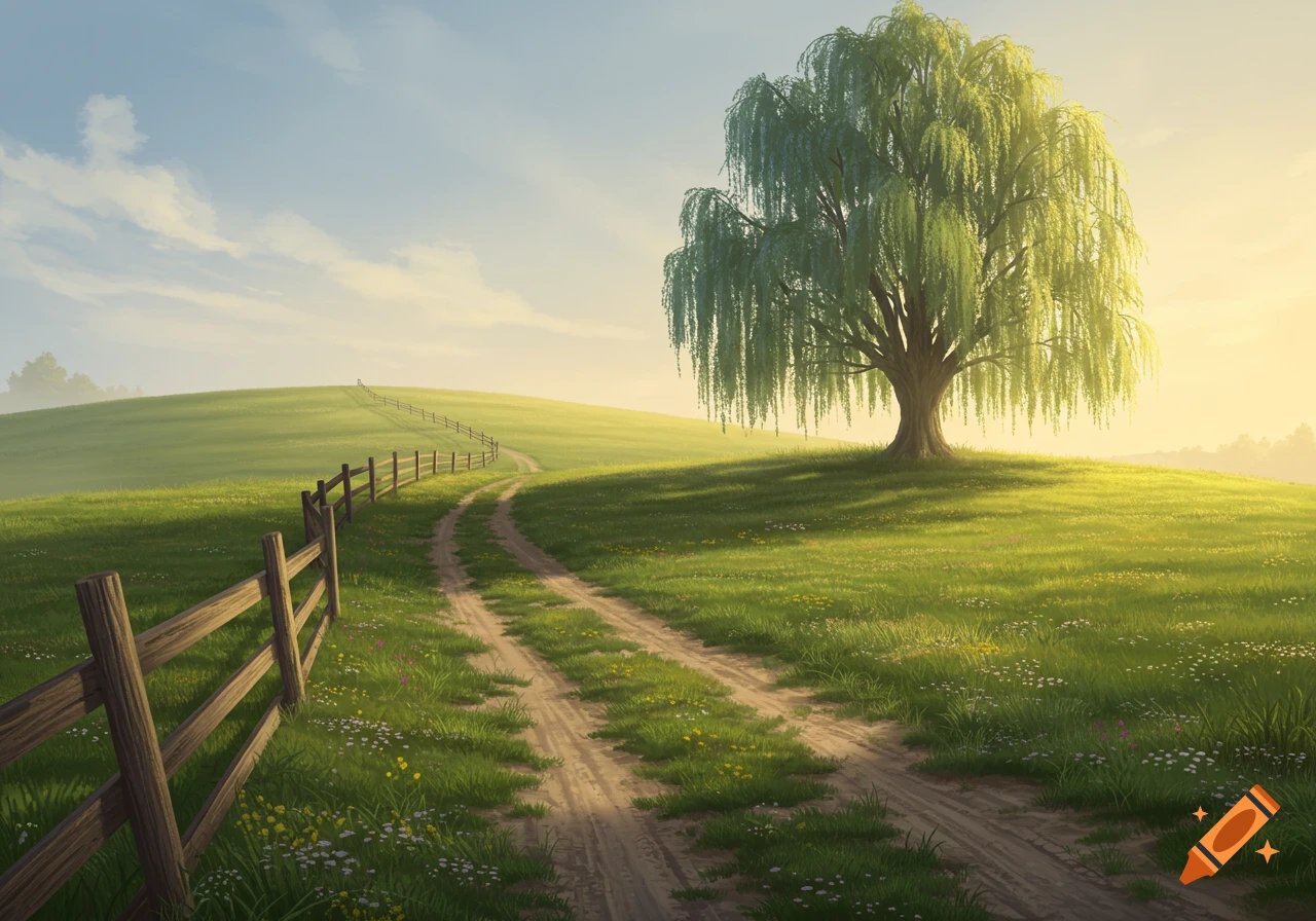 A dirt road and wooden fence wind through a bright green field with rolling hills, leading to a large weeping willow tree under a sunny sky.