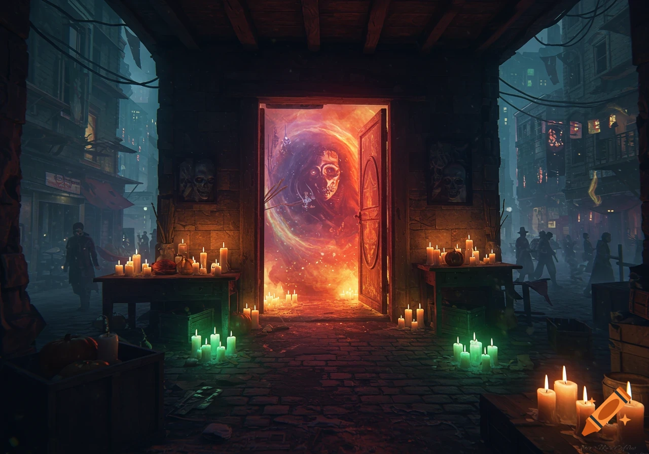 A glowing portal with a skeletal face in a doorway illuminates a dark, candlelit old city street at night, with figures in the background.