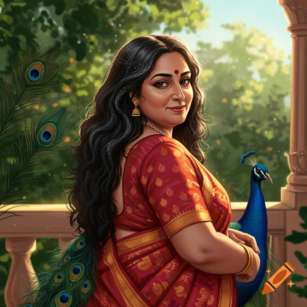 A beautiful Indian woman with long dark hair, wearing a red saree, stands outdoors with peacock feathers and a peacock nearby.