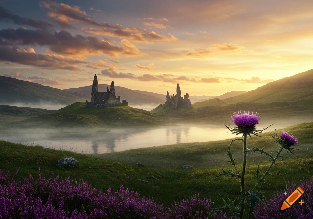 Photorealistic landscape with ancient ruins, a misty lake, and purple thistles at sunset, resembling a Scottish glen.