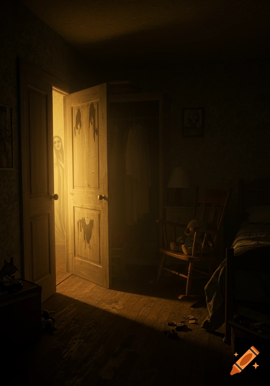 A dimly lit child's bedroom with a glowing ghost-like figure peeking from behind a cracked door, creating an eerie horror atmosphere.
