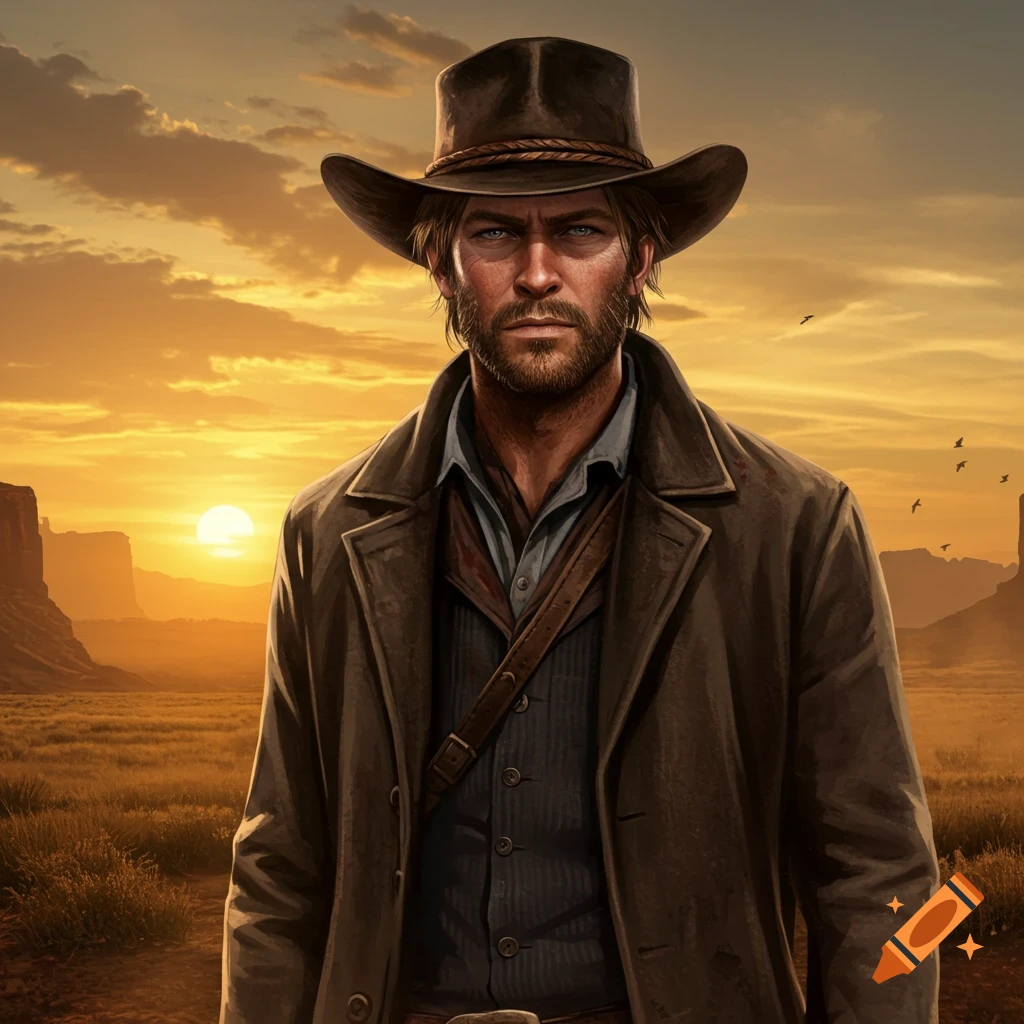 A rugged man in a cowboy hat and duster coat stands in a western landscape with a sunset behind him.