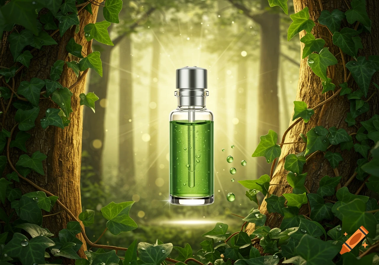 A clear glass bottle filled with green liquid and a metallic cap floats in an enchanted forest, surrounded by ivy-covered trees and glowing light rays.