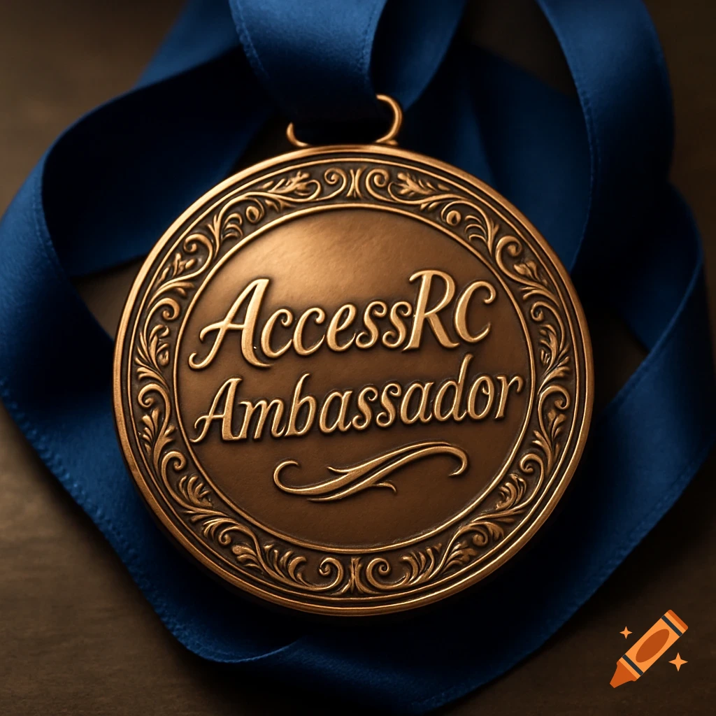 A bronze medal with ornate edges and a blue ribbon, bearing the inscription "AccessRC Ambassador" in elegant script.