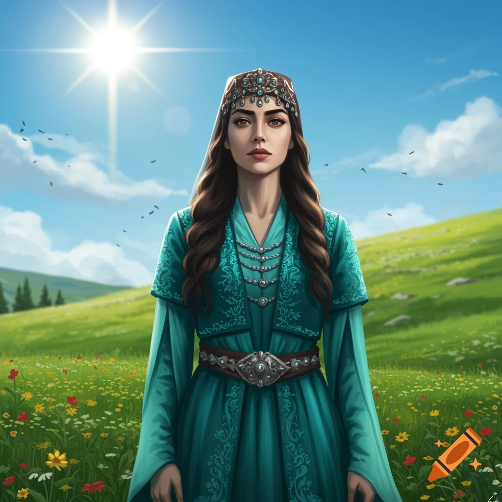 A woman in an ornate turquoise traditional dress stands in a field of wildflowers under a bright sun.