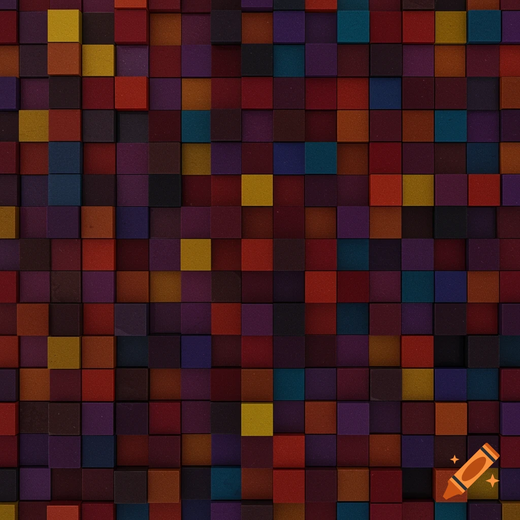 A colorful abstract pattern of small, slightly raised squares in various shades of red, orange, yellow, purple, and blue.