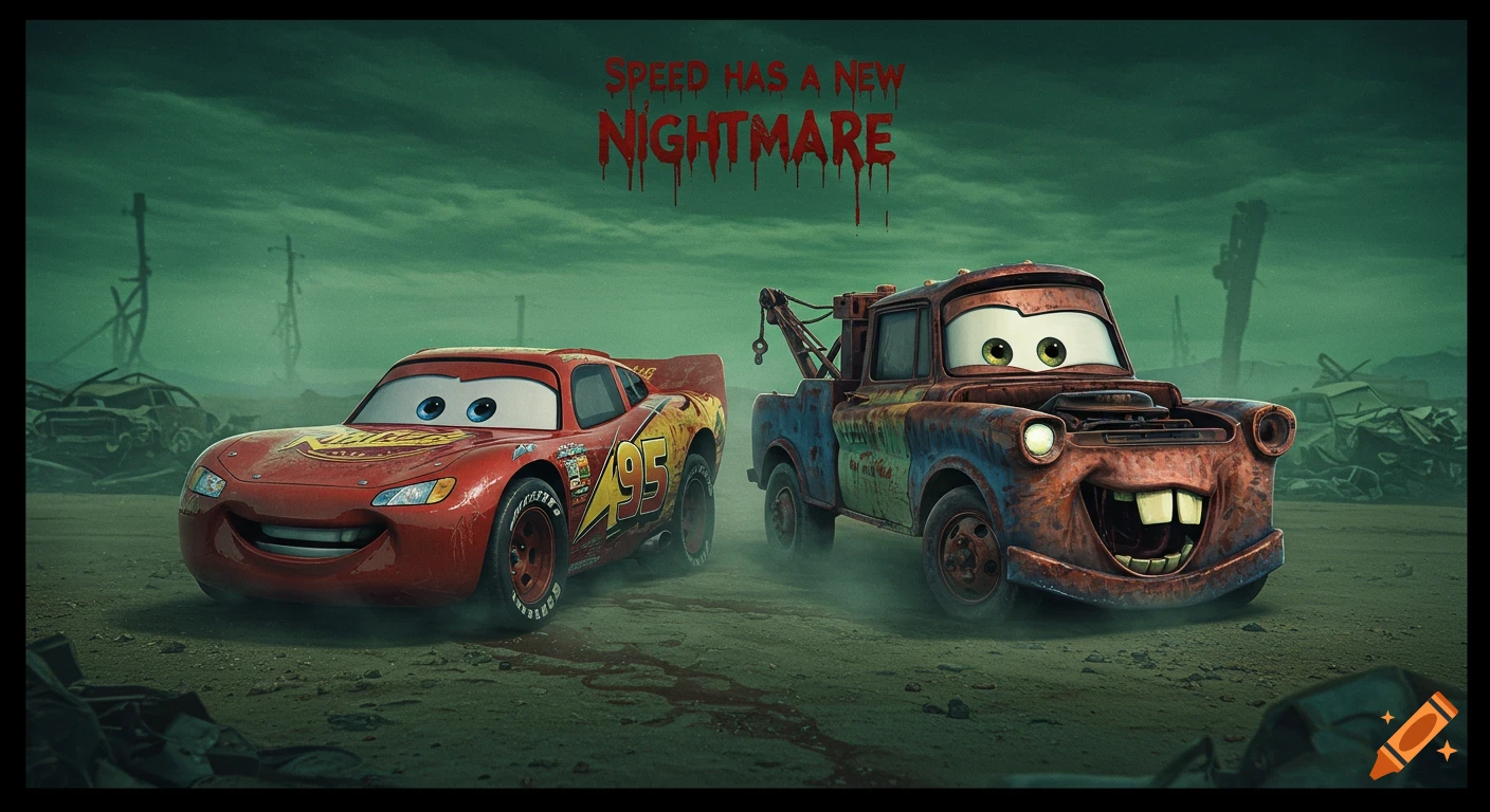 A horror movie poster featuring a dirty, rusted Lightning McQueen and Mater in a desolate junkyard under a green sky. Red dripping text above reads 'SPEED HAS A NEW NIGHTMARE'.