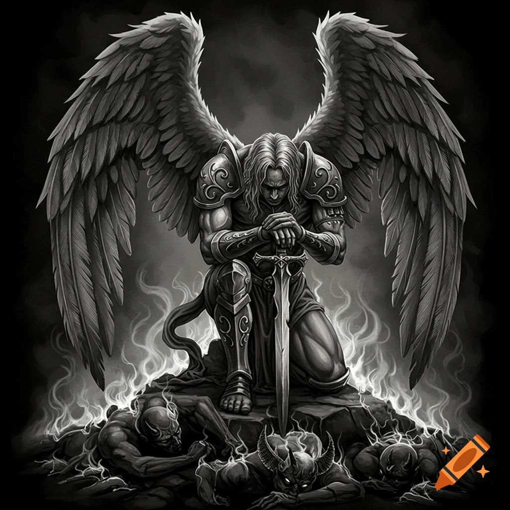 Black and white tattoo art of a kneeling archangel holding a sword, with defeated demons at his feet.