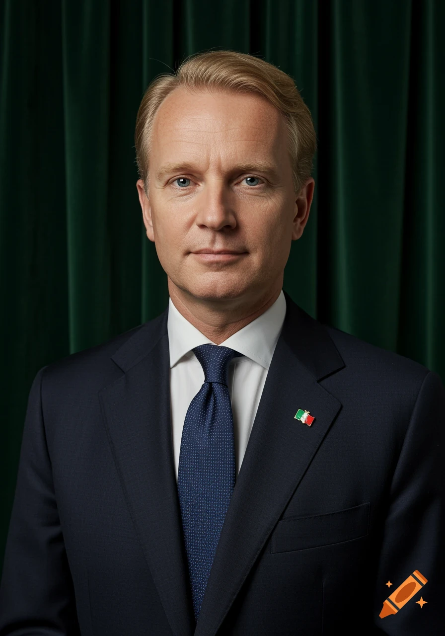 A man with blonde hair and blue eyes wears a dark suit and blue tie with an Italian flag lapel pin, against a dark green background.