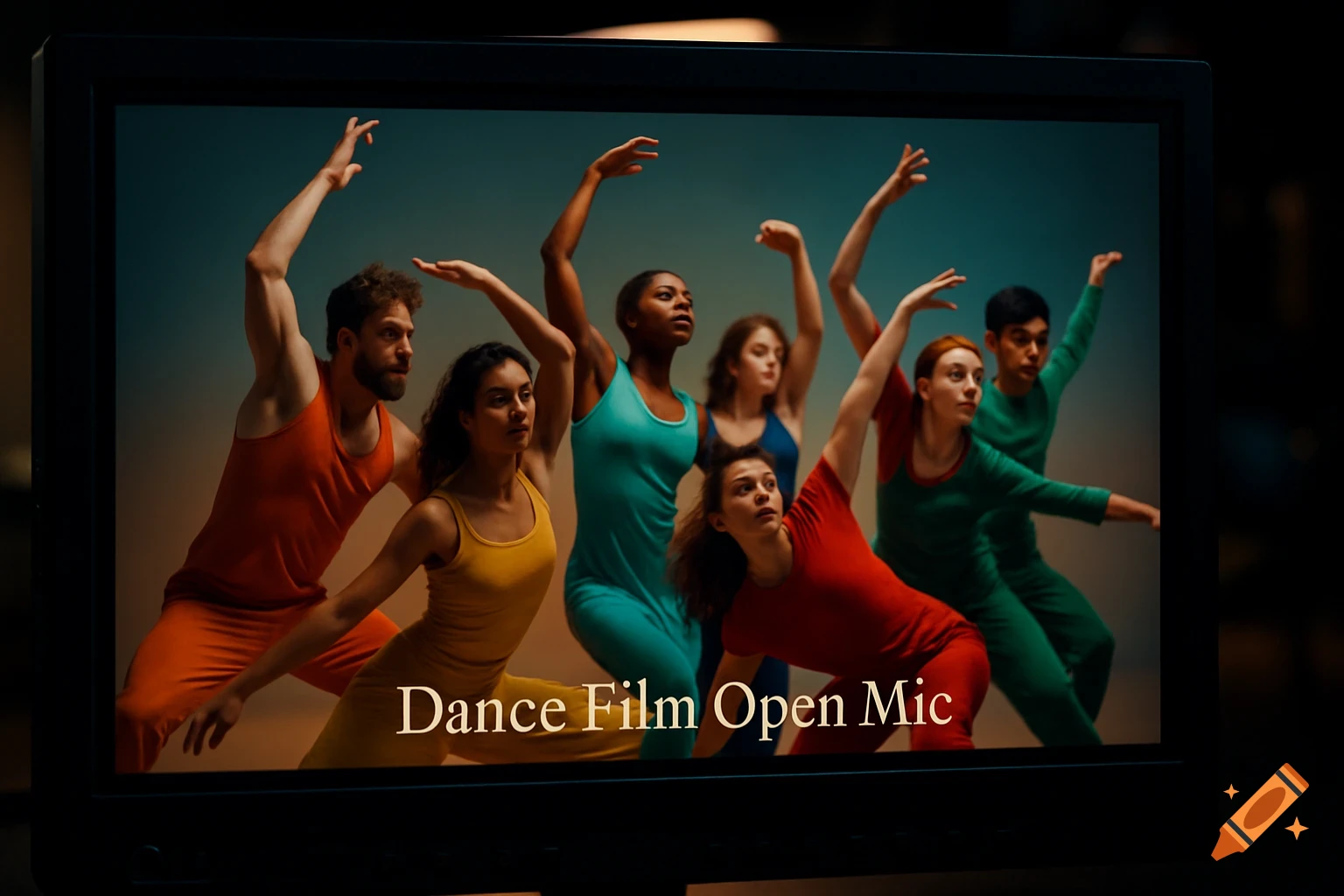 A monitor displaying a group of diverse contemporary dancers in dynamic poses, with the text 'Dance Film Open Mic' on the screen.
