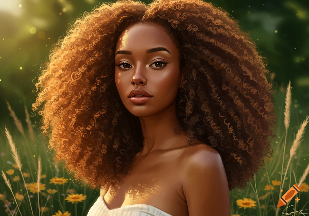 A beautiful young woman with long, curly brown hair stands in a sunny field of green grass and yellow flowers.