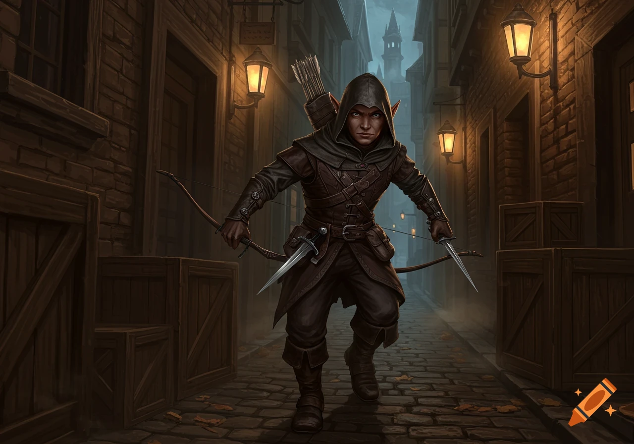 A male halfling thief in dark leather, holding a bow and daggers in a dimly lit fantasy alley.