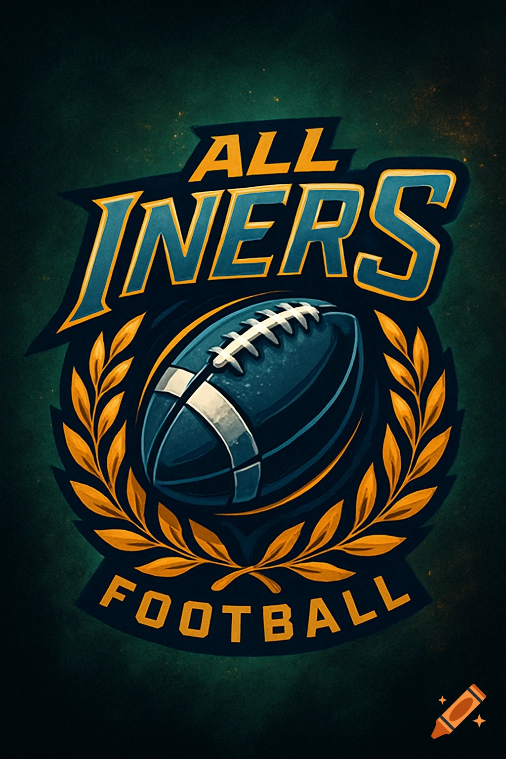 A stylized sports logo featuring a football surrounded by a gold laurel wreath, with text 'ALL INERS FOOTBALL' above and below.