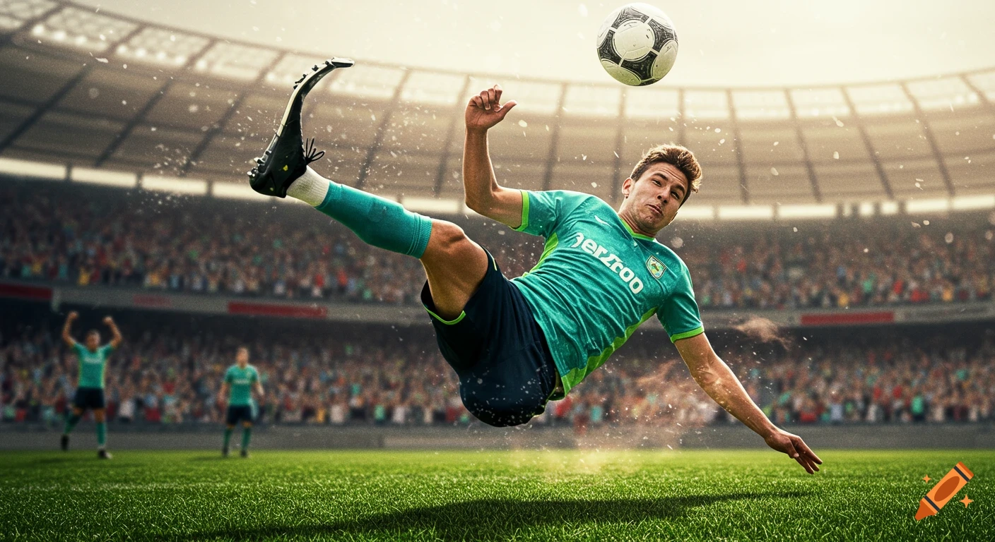 A soccer player in a teal jersey performs an overhead kick on a vibrant green field in a stadium, with a crowd visible in the background.