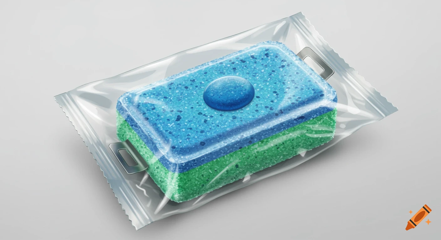 Photorealistic illustration of a blue and green dishwasher tablet in a clear plastic wrapper with side tabs.