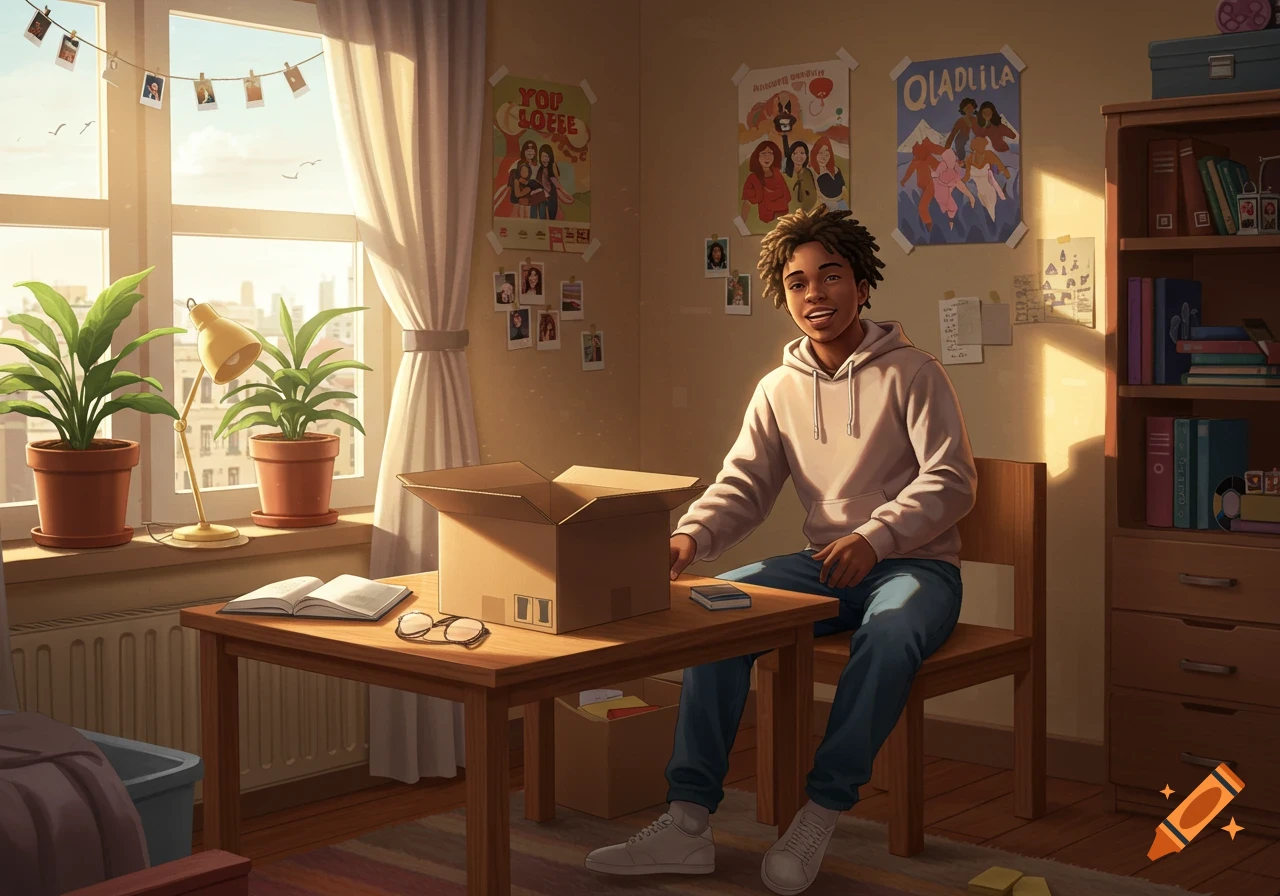 A happy Black college student sits at a desk with an open box in a sunlit dorm room.