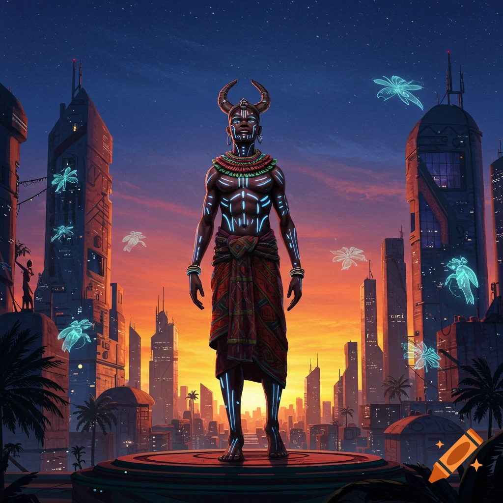 A horned figure with glowing patterns stands on a platform in a futuristic city at sunset, with floating glowing plants.