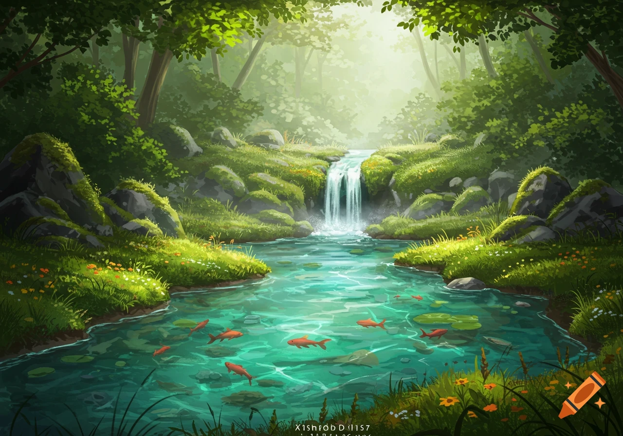 A lush, vibrant green forest landscape with a bright waterfall flowing into a clear, turquoise stream filled with orange fish.