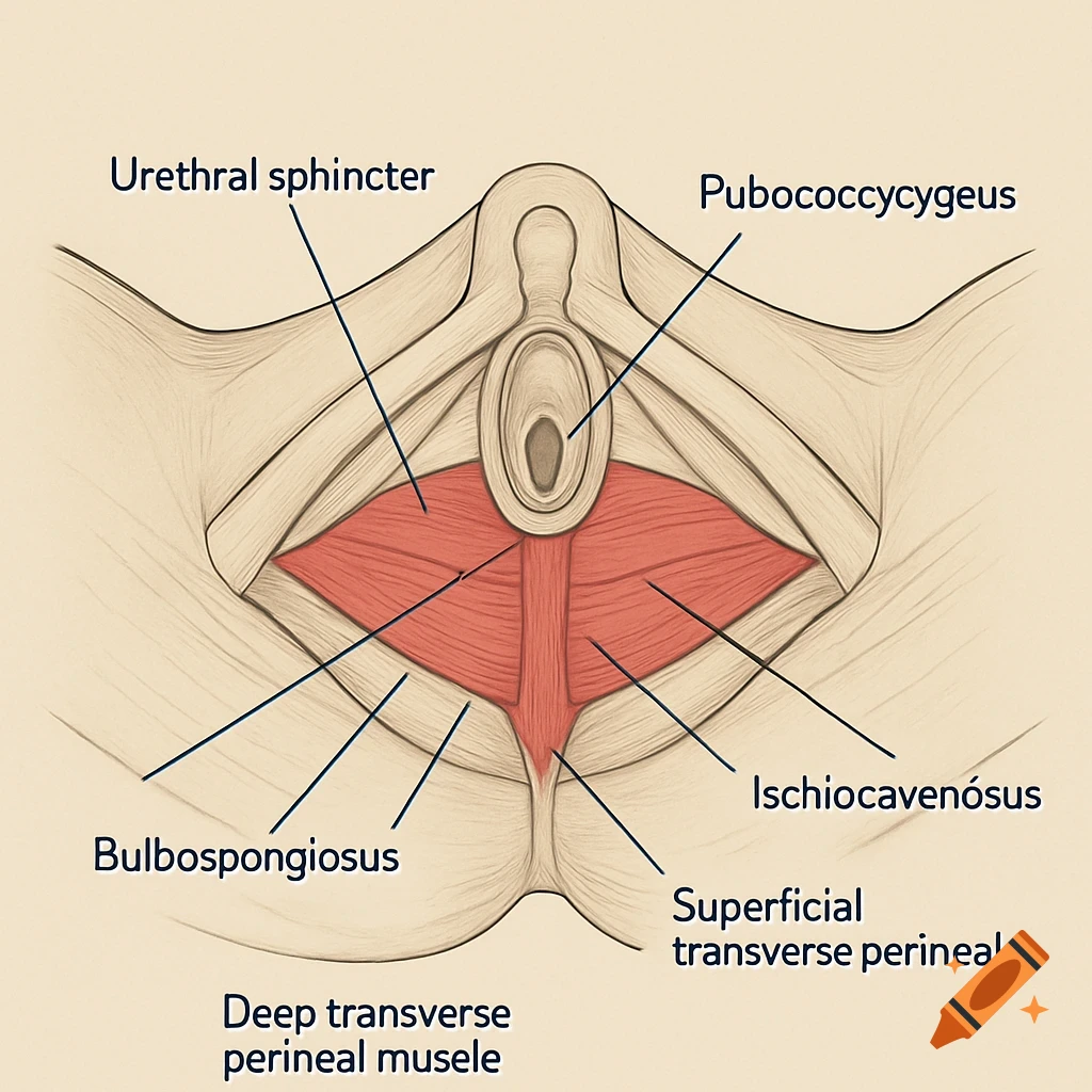 Detailed medical illustration of the pelvic floor musculature, highlighting muscles like the pubococcygeus, bulbospongiosus, and urethral sphincter.