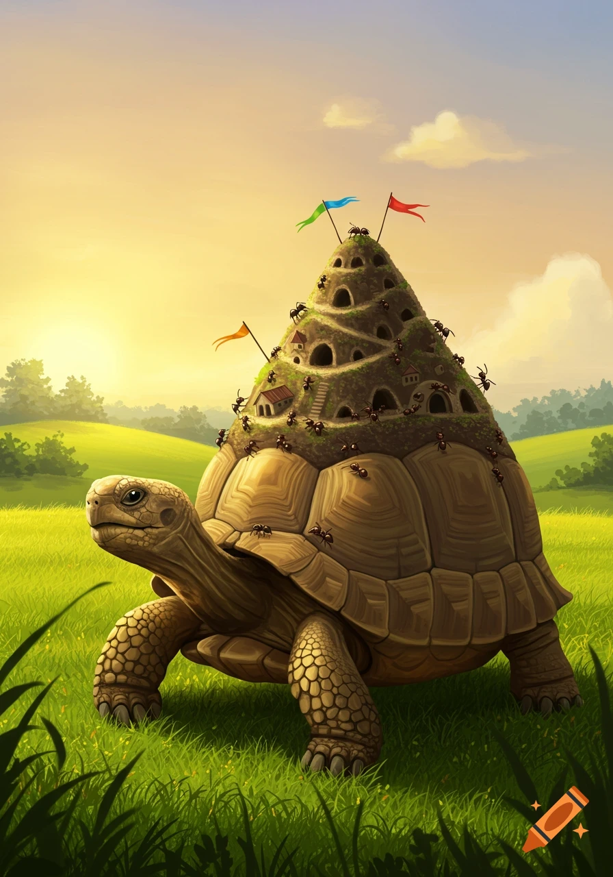 A fantastical illustration of a giant tortoise with an ant colony built on its shell, walking in a sunny green field.
