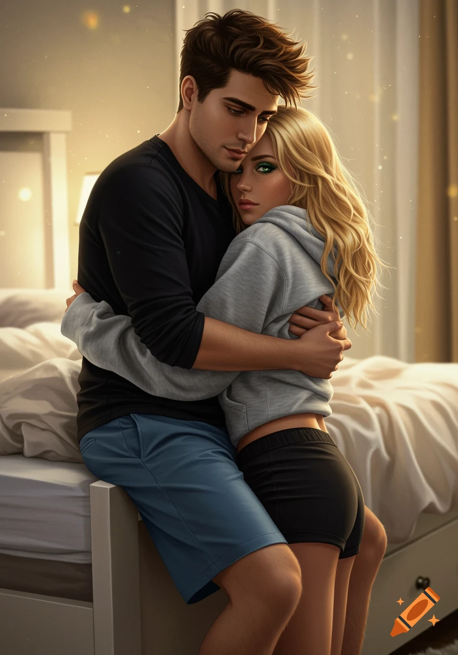 Digital illustration of a man embracing a woman in a warm, dimly lit bedroom, showing an intimate moment.