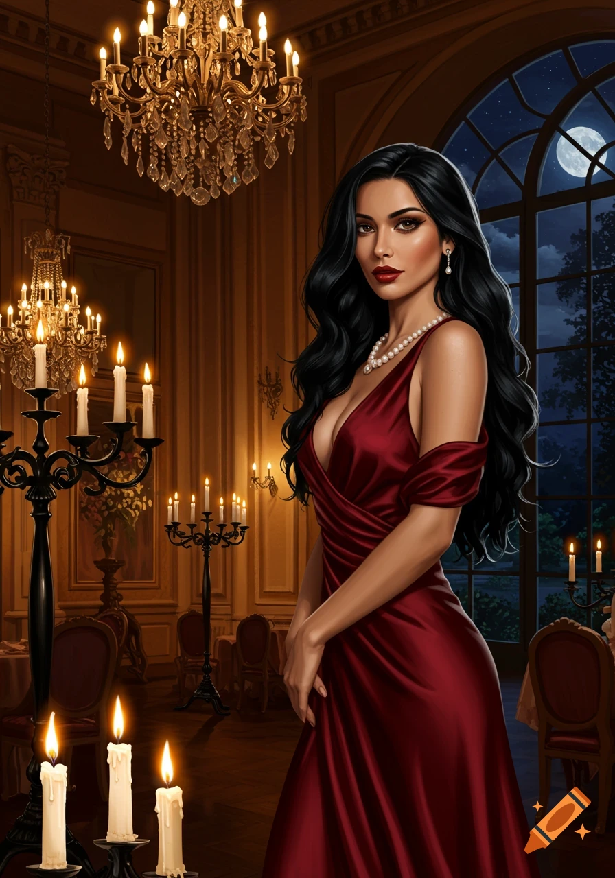 A beautiful woman in a red elegant dress stands in a candlelit mansion room at night.