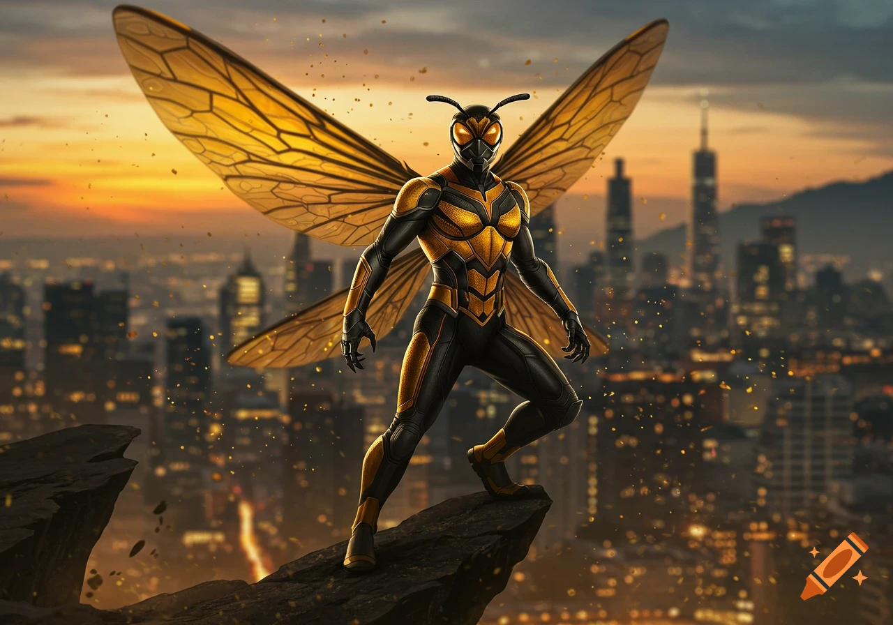 A wasp-themed superhero in a black and gold suit stands on a rocky cliff overlooking a futuristic city at sunset.
