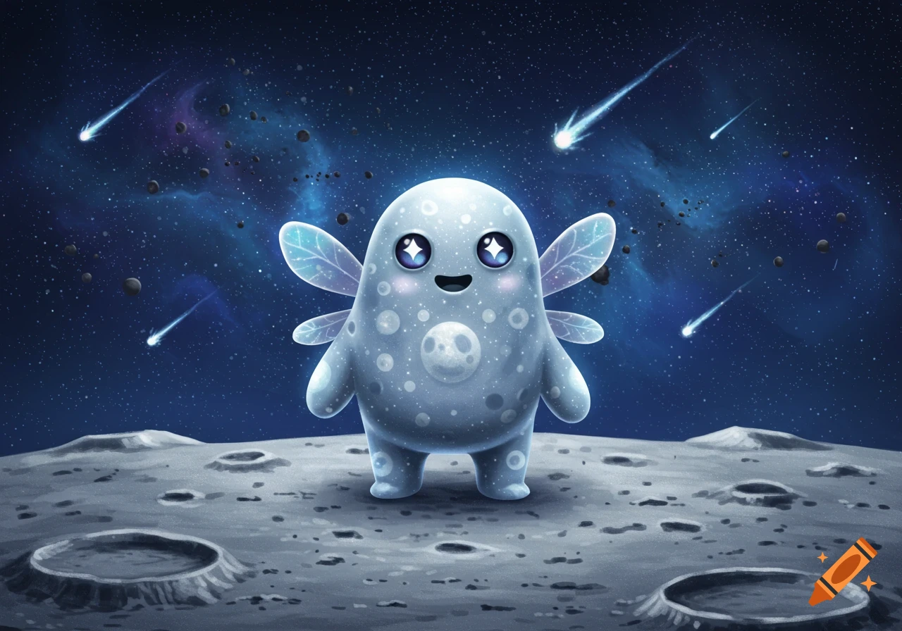 A cute, light blue, blob-like monster with wings stands on the moon's cratered surface under a starry night sky with shooting stars.